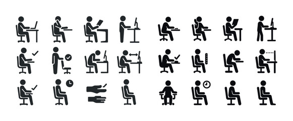 Collection of stick figure illustrations showing various sitting
