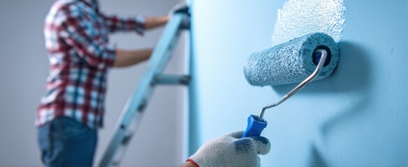 The paint roller applying fresh blue paint to an interior wall with painter