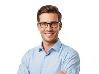 Smiling young man with glasses wearing a light blue collared shirt isolated on transparent background