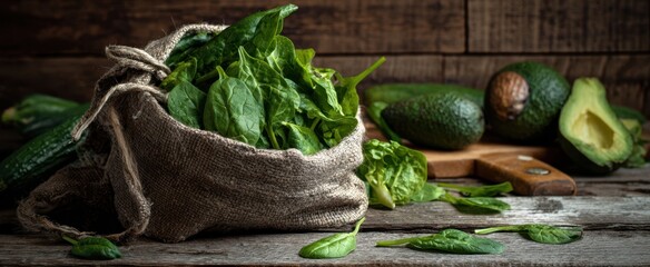 The Spinach-Filled Burlap Bag with Ripe Avocados on Rustic Wooden Table