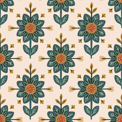 Stylized folk floral motifs with deep green petals and warm orange centers, arranged symmetrically on a soft beige background, creating a vintage-inspired seamless pattern.