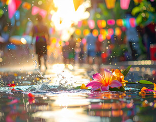 Generative AI of tropical frangipani flower floating on wet ground during water festival celebration.