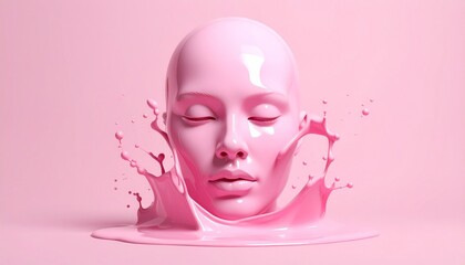 Glossy pink human head with closed eyes exploding into liquid paint against solid pink background.