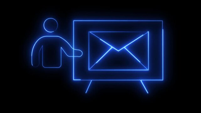 Neon Blue Icon of Person Presenting Envelope on Easel Against Black Background presentation
