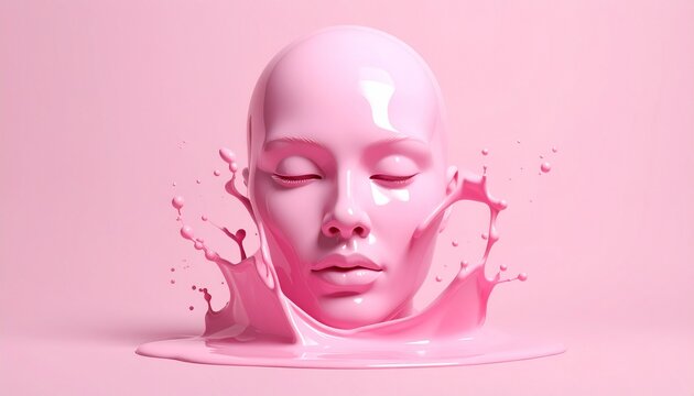 Glossy pink human head with closed eyes exploding into liquid paint against solid pink background.