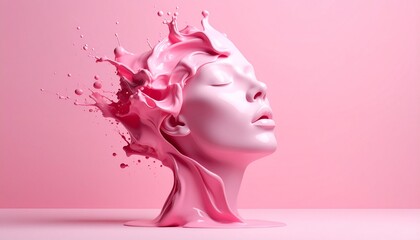 Glossy pink human head with closed eyes exploding into liquid paint against solid pink background.