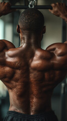 Fototapeta premium Black male bodybuilder performing lat pulldowns in a modern gym. Powerful back definition and focused strength training. Black afro american bodybuilder training strenght and power.