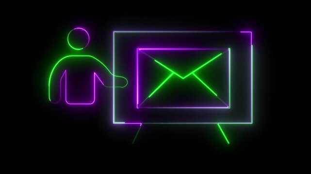 Dual Neon Icon of Person Presenting Envelope on Easel Against Black Background presentation