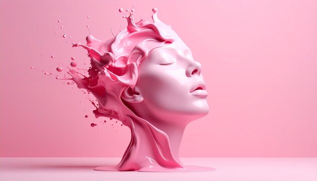 Glossy pink human head with closed eyes exploding into liquid paint against solid pink background.