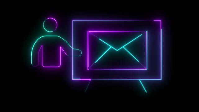 Dual Neon Icon of Person Presenting Envelope on Easel Against Black Background presentation