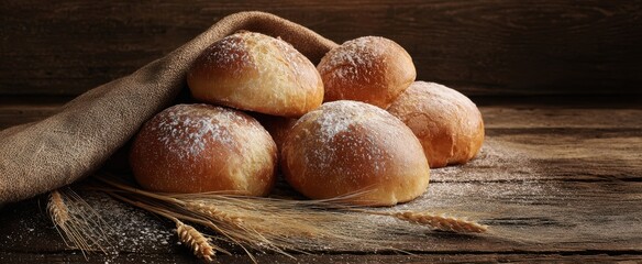 The bread rolls on a rustic wooden table with wheat stalks nearby
