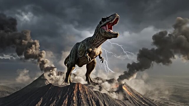Tyrannosaurus Rex Roaring on Volcano During Lightning Storm.