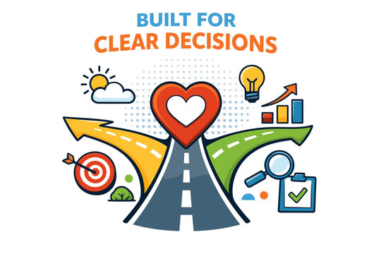 Conceptual of decision-making path with heart and arrows