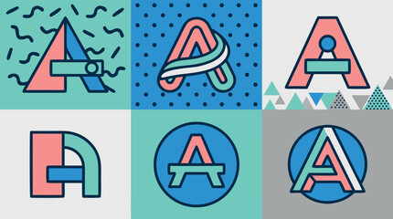 Stylized representations of letters, mountains, a compass, and abstract shapes.