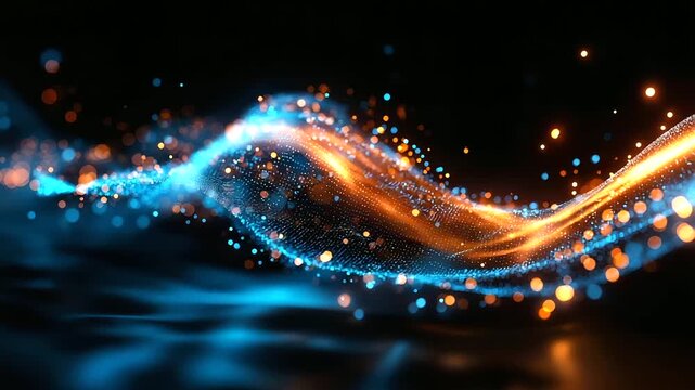 Abstract digital wave composed of glowing particles in vibrant blue and orange gradients, flowing data visualization, dynamic technology background, cyber aesthetic, particle anima