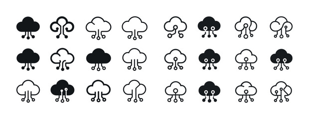 Minimalist cloud icons with tech elements in black and white