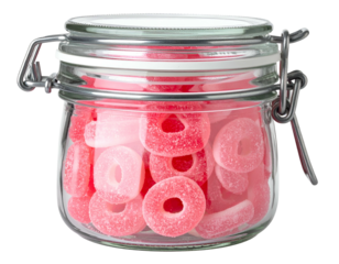 Glass jar filled with pink ring-shaped candies (1)