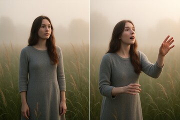 Expressive woman standing in misty field, transitioning from calm reflection to powerful vocal performance amid soft natural light and atmosphere