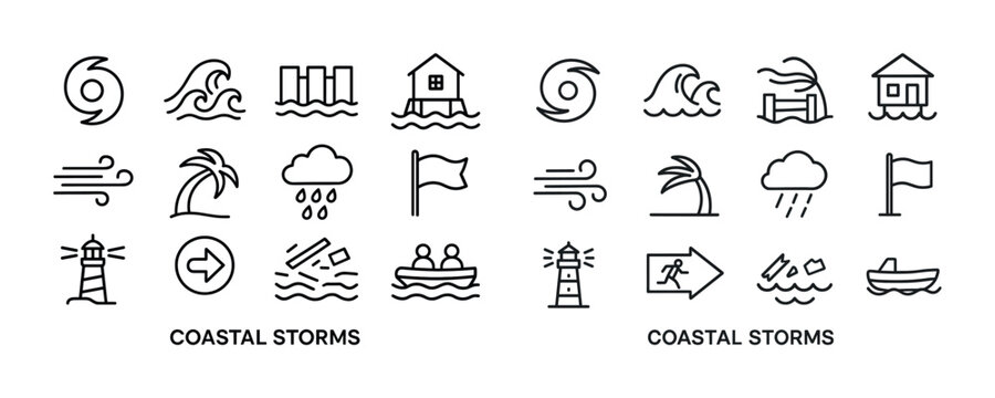 Coastal storms icons set: weather symbols of wind, rain, and wav