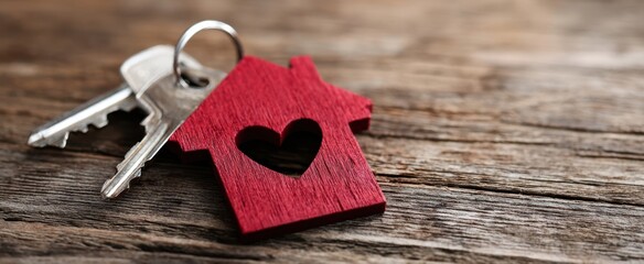 The House Keychain with Heart Cutout on Rustic Wooden Surface with Keys