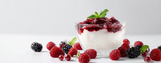The creamy yogurt bowl topped with fresh berries and mint garnish.