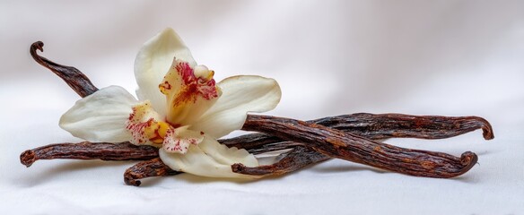 The Vanilla Pods and Orchid Flower Styled on White Background for Culinary Use