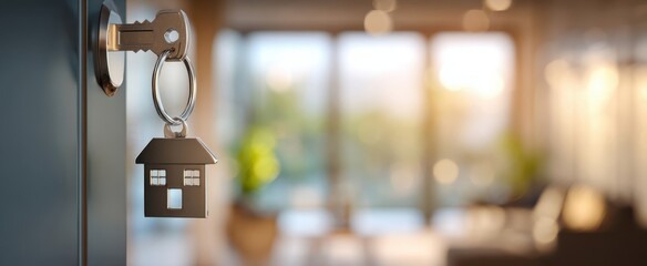 The house key and keychain hanging in a sunlit modern living room interior