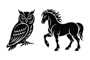 Fototapeta premium Stylized Owl and Horse Animal Silhouette Illustration Set