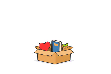 Cardboard box with heart, book, and potted plant on white background