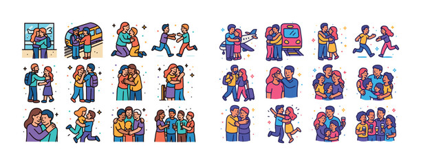 Colorful cartoon illustrations of diverse family reunions and em