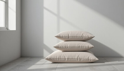 Three beige pillows are stacked neatly against minimalist white wall, with sunlight streaming through window casting soft shadows on floor, creating serene and cozy atmosphere
