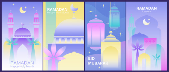 Ramadan Kareem colorful cards, backgrounds, compositions. Islam design elements. Mosque, moon, stars, palms, lanterns. Holy month greetings. 
