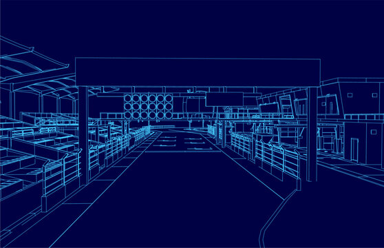 A detailed architectural blueprint of a factory building with numerous windows and visible machinery components, set against a dark blue background. The design suggests a dynamic race track contour.