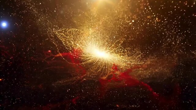 Golden cosmic explosion with swirling red dust particles in deep space. Cinematic supernova big bang animation for science and universe concepts.