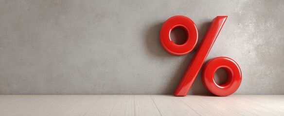 The Percentage Symbol in Red 3D Against a Minimal Concrete Wall and Floor