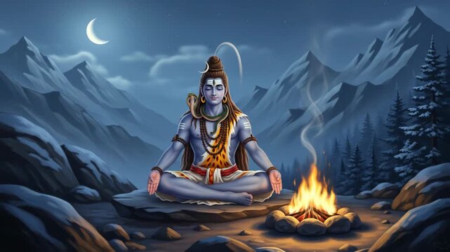 Serene Illustration of Meditating Deity in Mountain Landscape for Maha Shivaratri Festival Celebrations and Spiritual Reflection