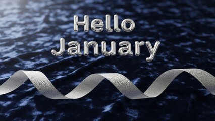 Hello January Silver Text and Ribbon on Dark Blue Background.