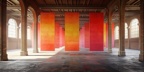 Vibrant Orange and Red Panels in Historic Architecture Space