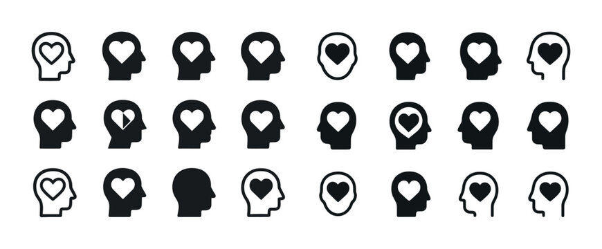 Heart in mind: icon set of human profiles with heart symbols