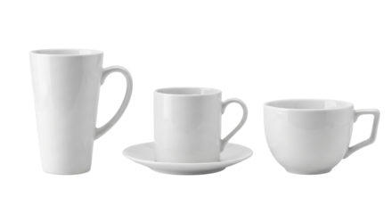 Minimalist Collection of Three White Ceramic Coffee Cups and Mug Isolated on Black Background with