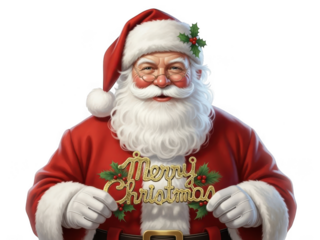 Friendly santa claus holding a merry christmas sign with a festive holly decoration isolated on transparent background