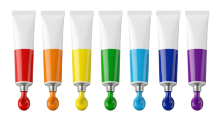 Assorted vibrant colored paint tubes aligned in a row isolated on transparent background
