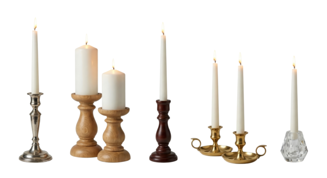 elegant collection of lit candles on ornate candle holders isolated on transparent background - Powered by Adobe