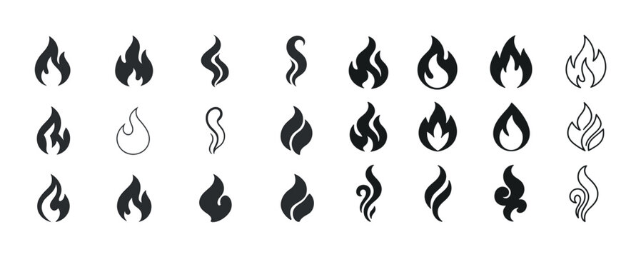 Collection of abstract flame icon designs in black and white