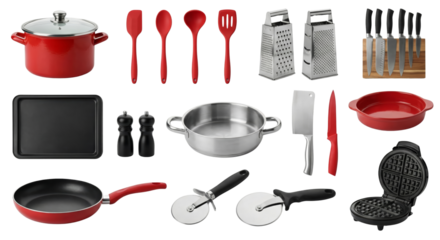 Complete Kitchenware Collection with Cooking Pots, Utensils, and Appliances Isolated on
