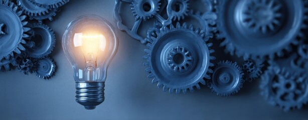 The light bulb glowing beside interlocking gears symbolizes innovation and collaborative engineering solutions