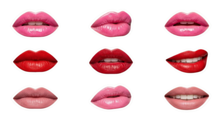 Collection of diverse lipstick styles and shades on lips isolated on transparent background