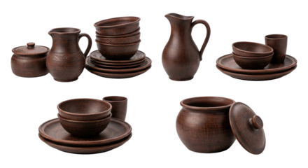 Elegant collection of handcrafted brown ceramic pottery with varied shapes on isolated transparent