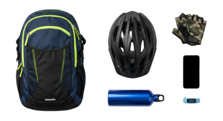 Essential biking gear collection including backpack helmet gloves smartphone water bottle isolated