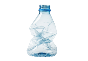 extreme macro shot of a severely crumpled, empty, icy pale light blue pet plastic water bottle, showing stress whitening and sharp folds, isolated on a stark white background with copy space concept